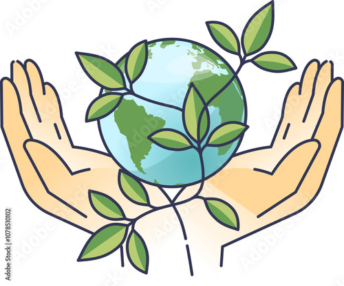 Hands cradle a globe with leaves, symbolizing global conservation efforts.