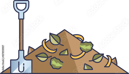Illustration of a compost pile with organic waste like vegetables and leaves decomposing in a wooden bin.