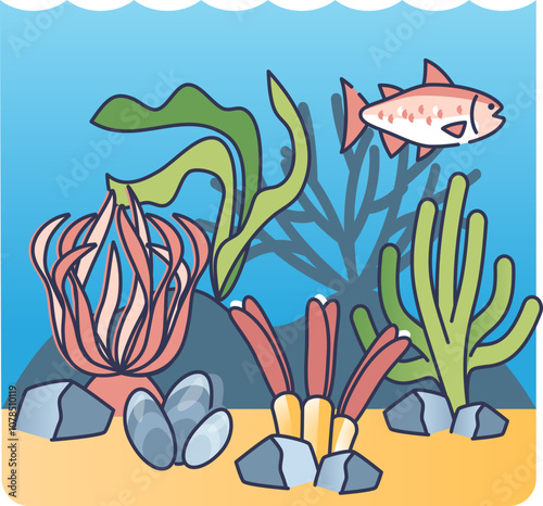 Illustration of a coral reef with fish, seaweed, and corals, symbolizing marine biodiversity.