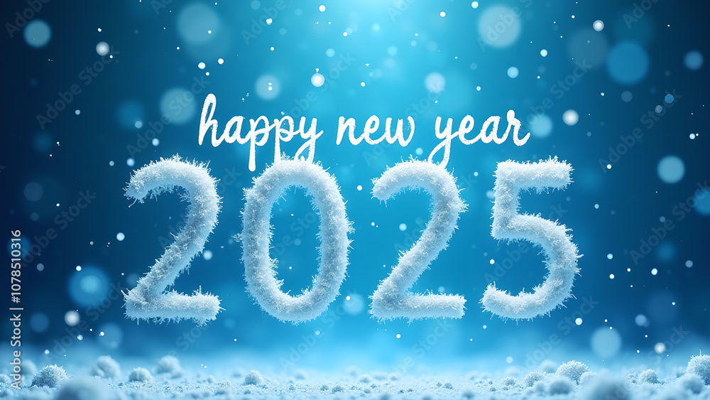 Happy New Year 2025 written in snow against a blue background with falling snowflakes. Happy New Year 2025 written in snow against a blue background with falling snowflakes.