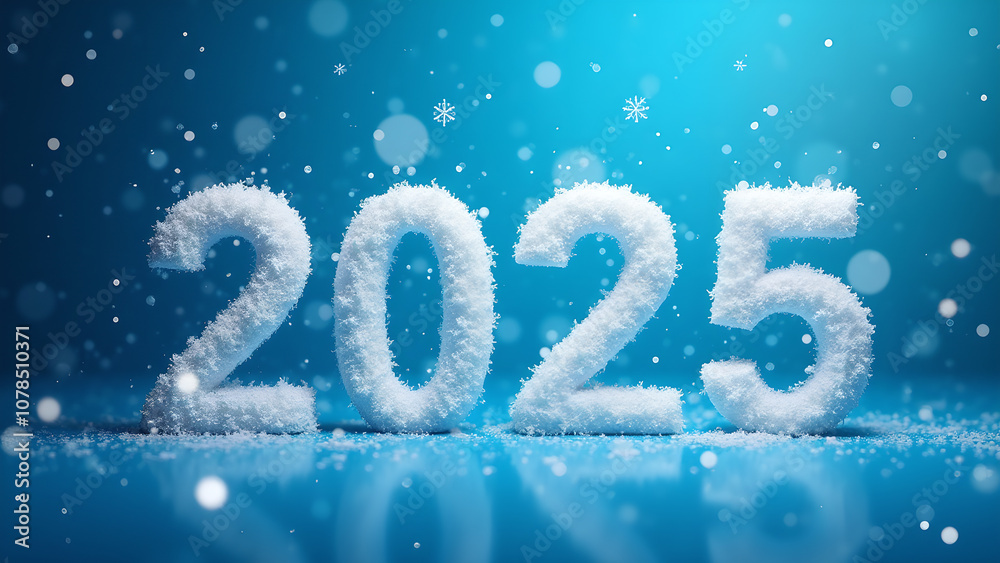 Snowy 2025 new year greeting with snowflakes and reflection on blue background Snowy 2025 new year greeting with snowflakes and reflection on blue background
