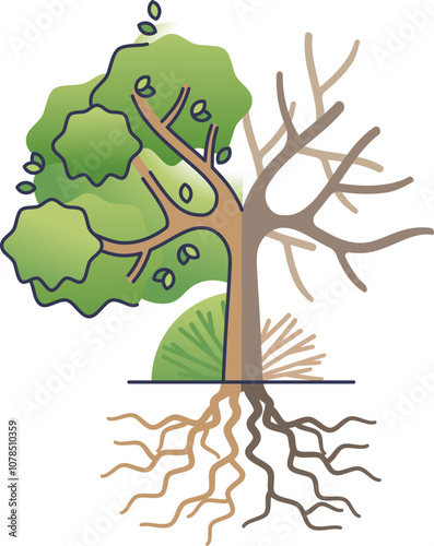 A tree split into vibrant and barren halves, symbolizing environmental impact.