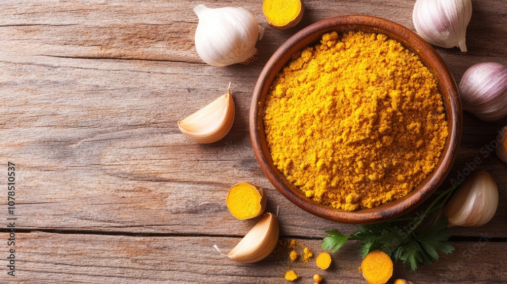 Curcumin Powder in Wooden Bowl Surrounded by Fresh Garlic Cloves on Rustic Wooden Table, Showcasing Natural Ingredients and Culinary Spices in Bright Colors Curcumin Powder in Wooden Bowl Surrounded by Fresh Garlic Cloves on Rustic Wooden Table, Showcasing Natural Ingredients and Culinary Spices in Bright Colors