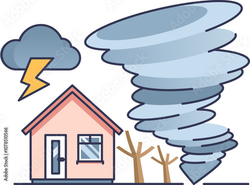 Illustration of a tornado near a house with lightning, symbolizing extreme weather events.