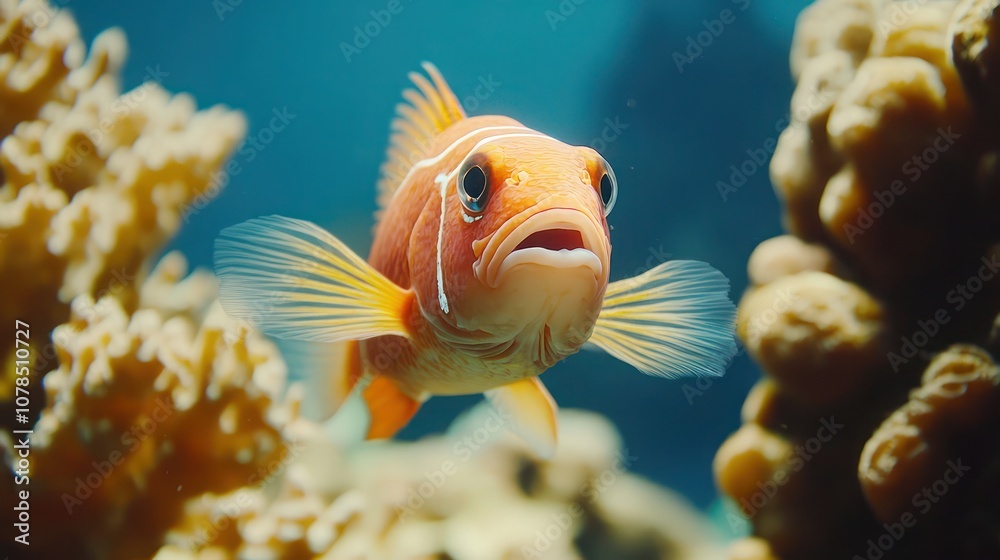 A bright orange fish with white stripes swims through a coral reef, its mouth slightly open. A bright orange fish with white stripes swims through a coral reef, its mouth slightly open.