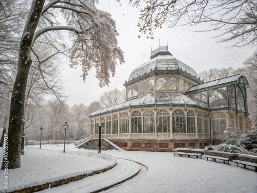 Enchanting Snowfall at the Glass Palace in Retiro Park, Madrid: A Winter Wonderland Captured in Candid Photography