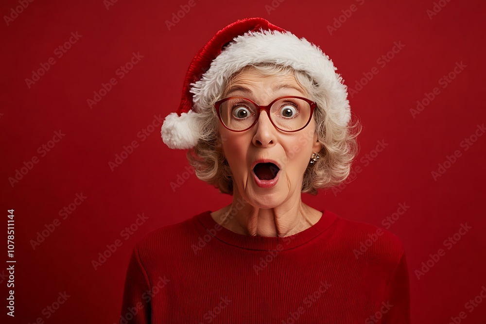 Person in Santa Hat and Glasses, Celebrating the Joyous Holiday Spirit Against a Bold Red Background. Person in Santa Hat and Glasses, Celebrating the Joyous Holiday Spirit Against a Bold Red Background.