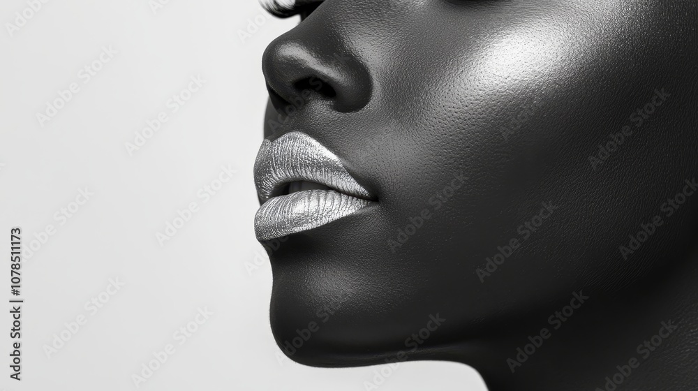 Close-up, Black And White Portrait Of A Woman With Silver Lipstick, Highlighting Texture And Shine Close-up, Black And White Portrait Of A Woman With Silver Lipstick, Highlighting Texture And Shine