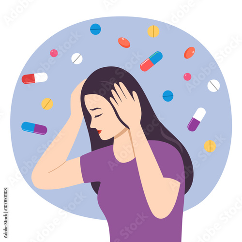 Unhealthy woman suffering from migraine need painkiller to relieve pain. Unwell female struggle with headache or dizziness. Healthcare and medication concept.