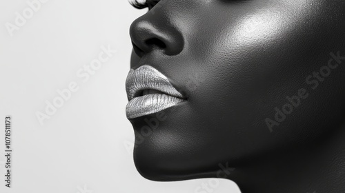 Close-up, Black And White Portrait Of A Woman With Silver Lipstick, Highlighting Texture And Shine