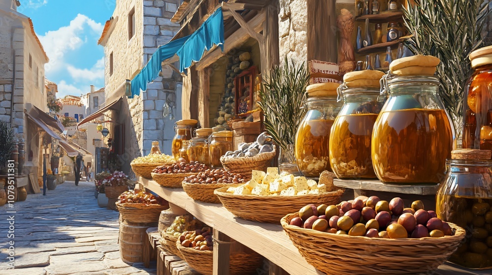 A street market stall in a picturesque Mediterranean town, displaying a variety of olives, dried fruits, and other local produce.