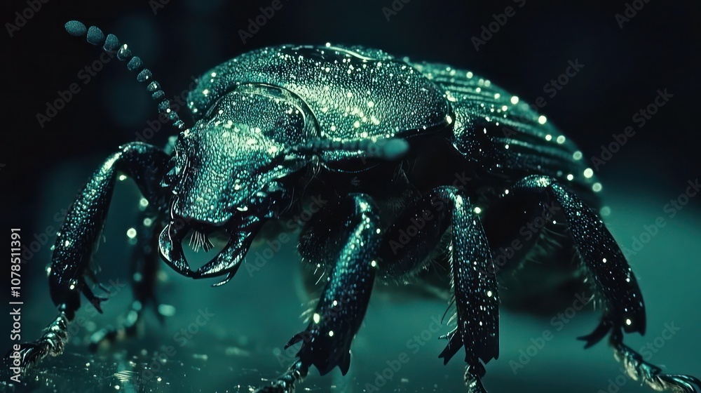 A close-up of a black beetle with water droplets on its body. A close-up of a black beetle with water droplets on its body.