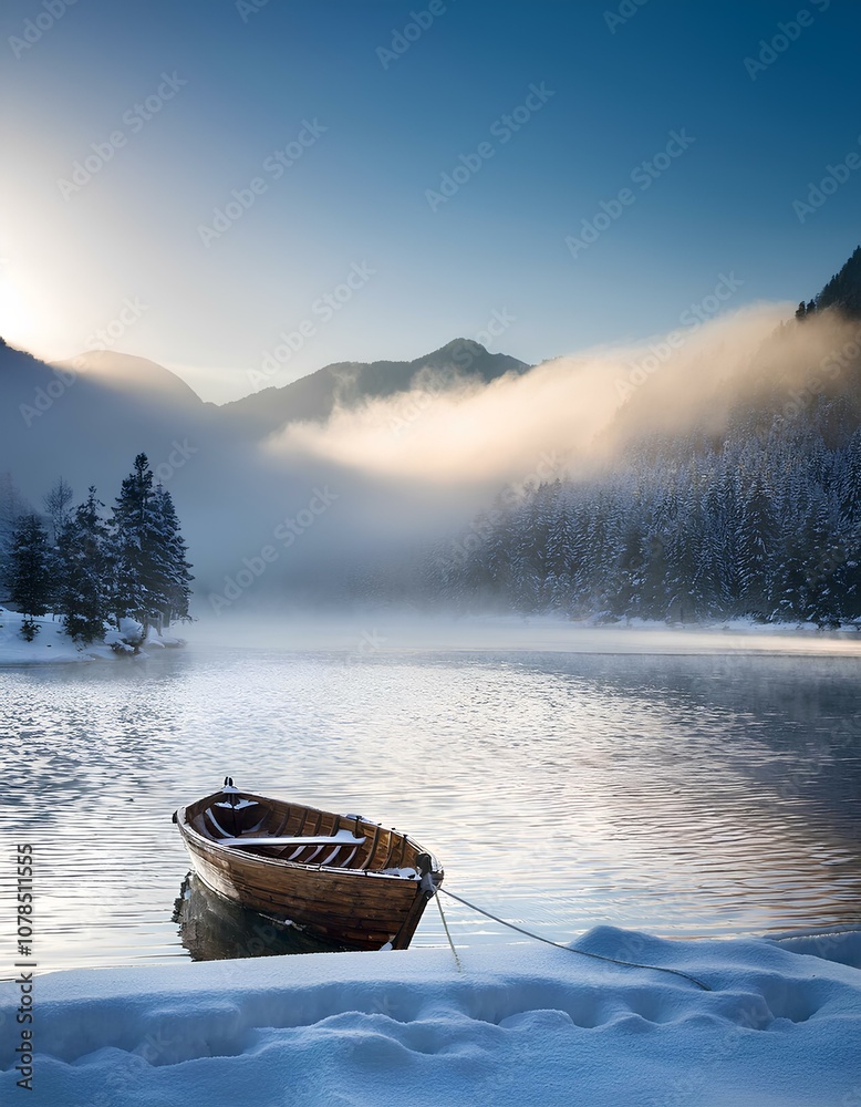Fototapeta premium snow landscape with boat and mountains and amazing foggy light at the background during winter