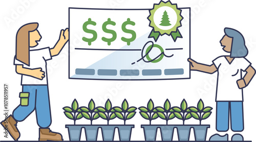 Illustration of two people with a large check and seedlings, symbolizing funding for reforestation.