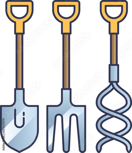 Illustration of a shovel, fork, and auger, symbolizing essential garden tools.