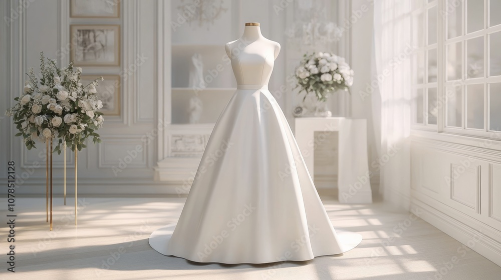 A classic and elegant white wedding dress on a mannequin in a bridal shop, ideal for advertising wedding celebrations and bridal fashion trends A classic and elegant white wedding dress on a mannequin in a bridal shop, ideal for advertising wedding celebrations and bridal fashion trends