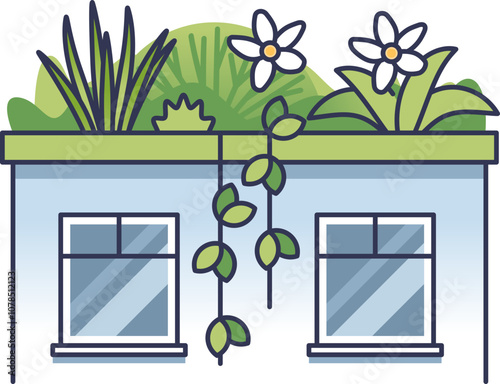 Illustration of a building with a green roof featuring plants and flowers, symbolizing eco-friendly architecture.