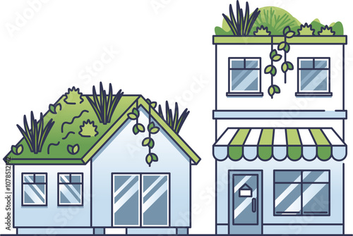 Illustration of buildings with green roofs, showcasing sustainable architecture.