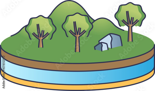 Illustration of groundwater beneath a landscape with trees and hills.