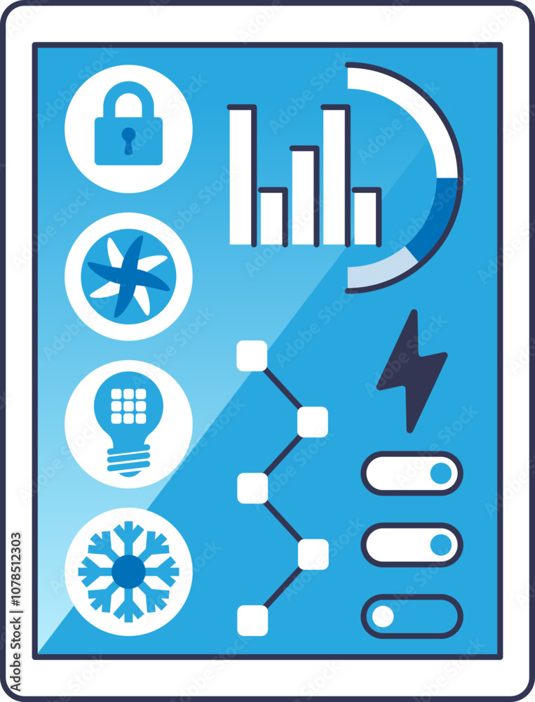 Icons of lock, fan, light bulb, snowflake, and energy symbols on a digital interface. Icons of lock, fan, light bulb, snowflake, and energy symbols on a digital interface.