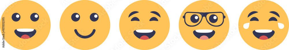 Five joyful emojis expressing happiness and laughter. Five joyful emojis expressing happiness and laughter.