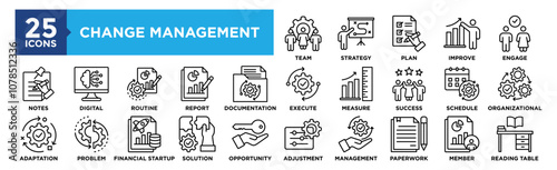 Change Management icon collection set. Containing design Team, Strategy, Plan, Improve, Engage