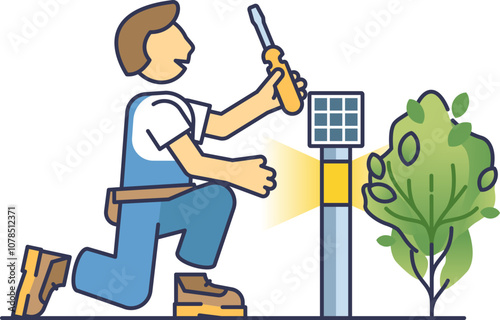 Person installing solar garden light near a plant, symbolizing eco-friendly outdoor lighting.