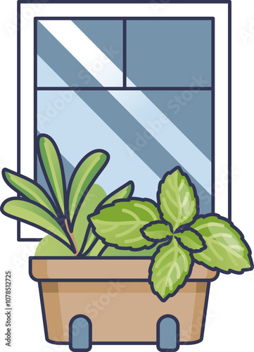 Window with potted herbs, symbolizing indoor gardening and fresh homegrown plants.