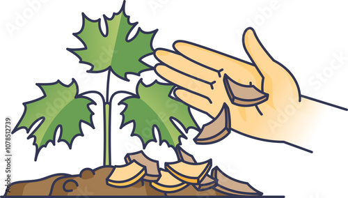 Hand applying mulch around a seedling for protection and growth.