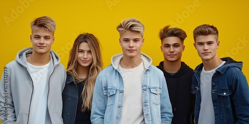 A Cheerful Group of Young Friends Posing Together Against a Bright Yellow Background, Capturing the Spirit of Friendship and Youthful Energy