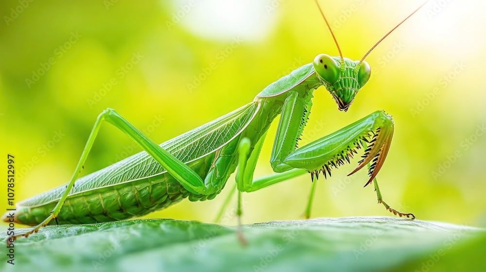 A close-up of a green praying mantis perched on a leaf, with its forelegs raised in a defensive posture. A close-up of a green praying mantis perched on a leaf, with its forelegs raised in a defensive posture.
