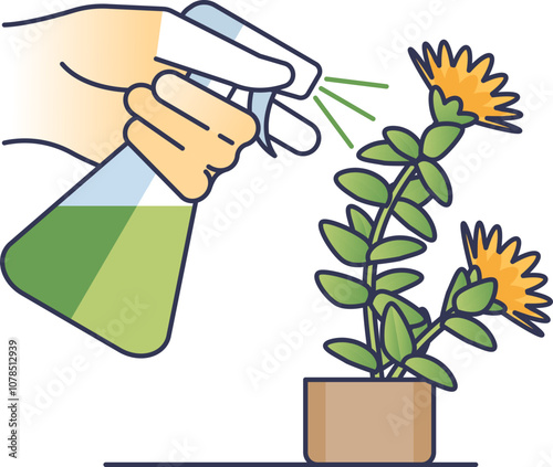 Hand spraying pest control on potted plant, symbolizing plant care.