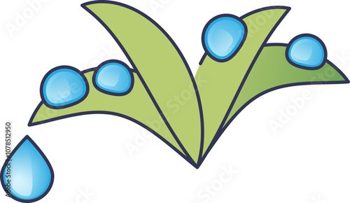 Illustration of green leaves with blue dew drops, symbolizing freshness and nature.