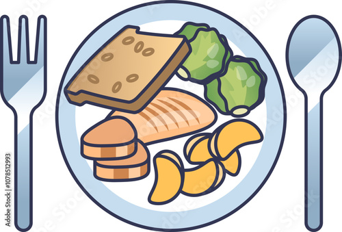 Illustration of a balanced meal with bread, vegetables, meat, and potatoes on a plate.