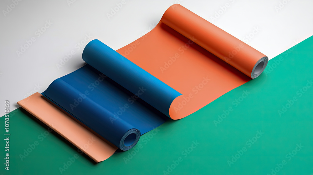 Colorful rolled paper on a vibrant backdrop, showcasing artistic possibilities in a minimalist studio setting. Generative AI Colorful rolled paper on a vibrant backdrop, showcasing artistic possibilities in a minimalist studio setting. Generative AI