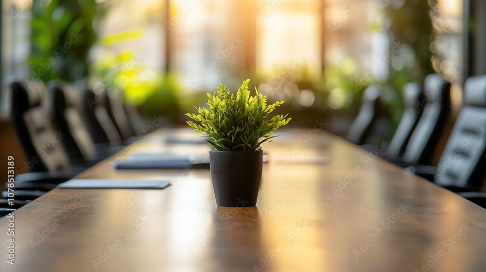 A potted plant sits in the center of a conference table, with black chairs arranged around it. Sunlight shines through the window behind the table. A potted plant sits in the center of a conference table, with black chairs arranged around it. Sunlight shines through the window behind the table.