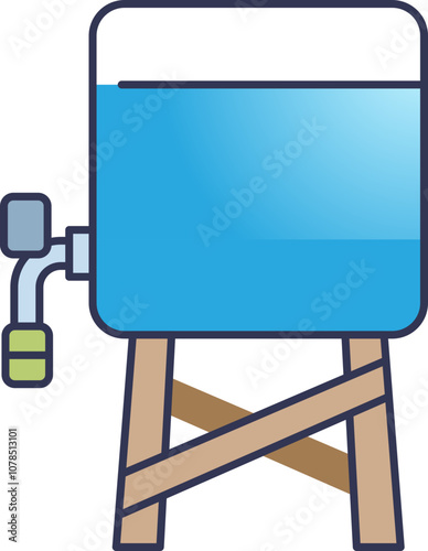 Illustration of a water tank on a stand, symbolizing water storage and conservation.