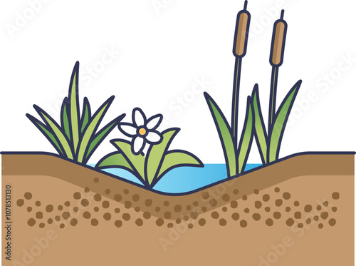 Illustration of a rain garden with plants and water, symbolizing sustainable landscaping.