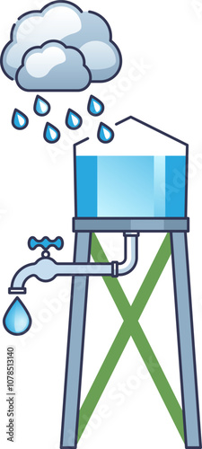 Illustration of a rainwater collection tower with a cloud, raindrops, and a water tap.