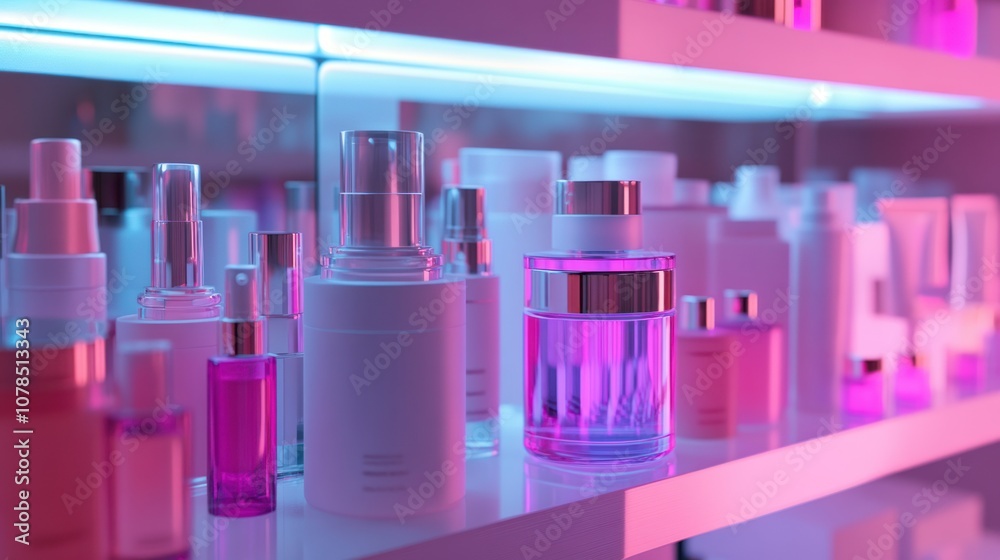 Pink and Blue Neon Lit Bottles on Shelf Pink and Blue Neon Lit Bottles on Shelf