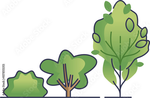Illustration of various shrubs and trees symbolizing growth and diversity.