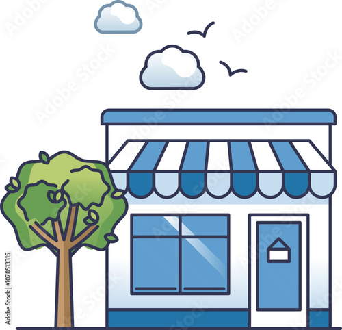 Illustration of a small storefront with a tree, symbolizing local business and community.