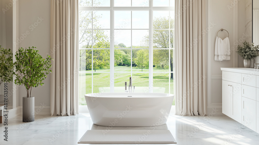 Elegant Bathroom with Stylish Bathtub and Green View Elegant Bathroom with Stylish Bathtub and Green View