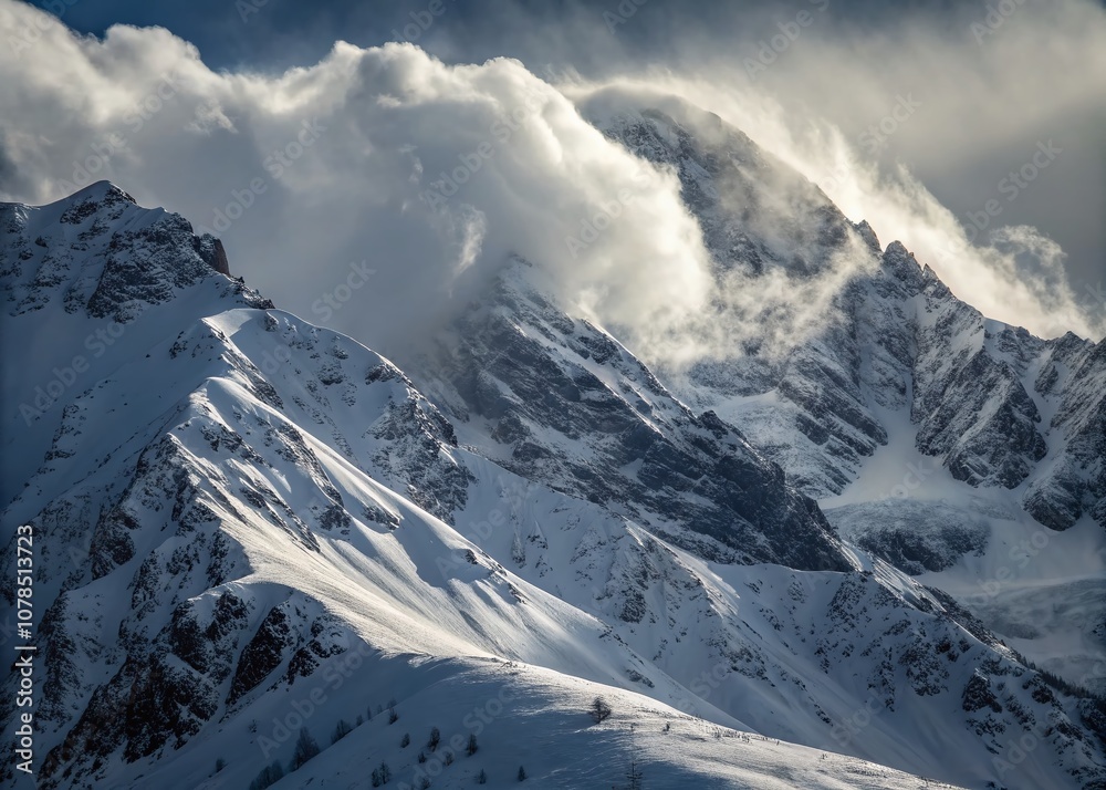 Obraz premium Enormous Blizzard Clouds Loom Above Mountain Ridges, Capturing the Majestic Power of Nature in a Stunning Candid Photography Scene