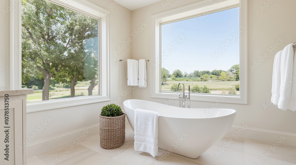 Elegant Bathroom with Stylish Bathtub and Green View Elegant Bathroom with Stylish Bathtub and Green View