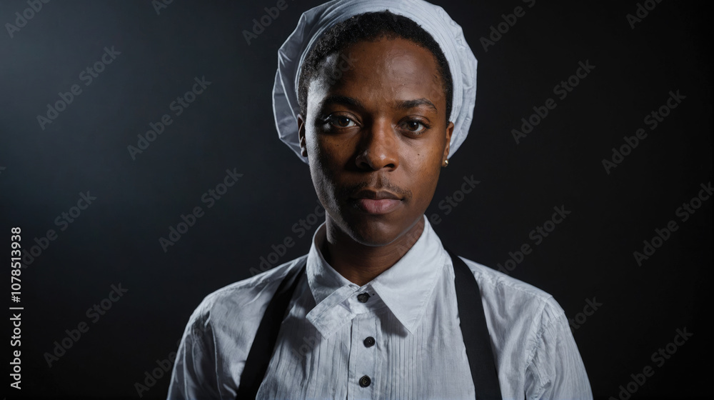 A chef wearing a white hat and white shirt stares intently at the camera A chef wearing a white hat and white shirt stares intently at the camera