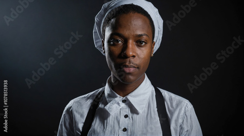 A chef wearing a white hat and white shirt stares intently at the camera photo