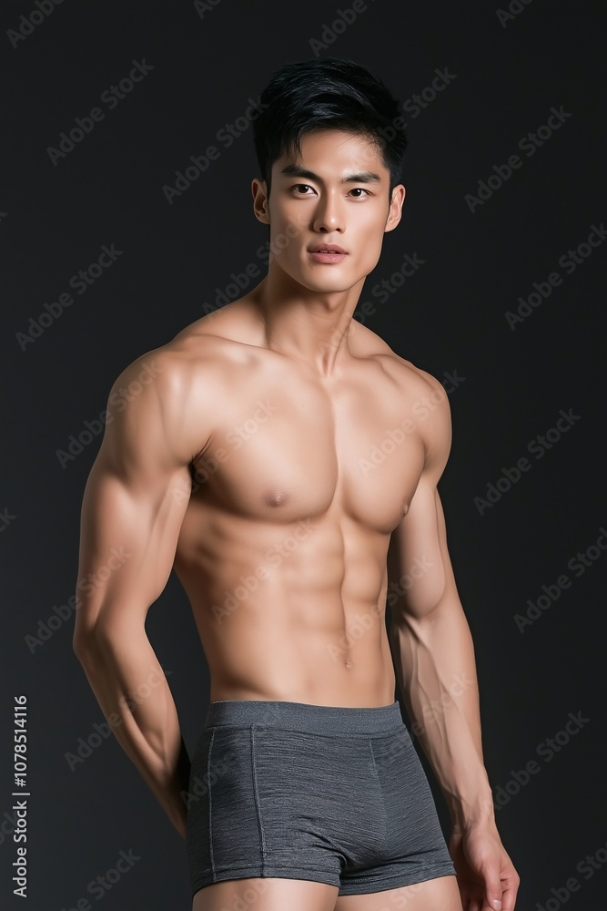 Athletic Male Model Posing in Gray Boxer Briefs, Highlighting Strong Muscular Physique with a Confident Expression Against a Dark Studio Background Athletic Male Model Posing in Gray Boxer Briefs, Highlighting Strong Muscular Physique with a Confident Expression Against a Dark Studio Background