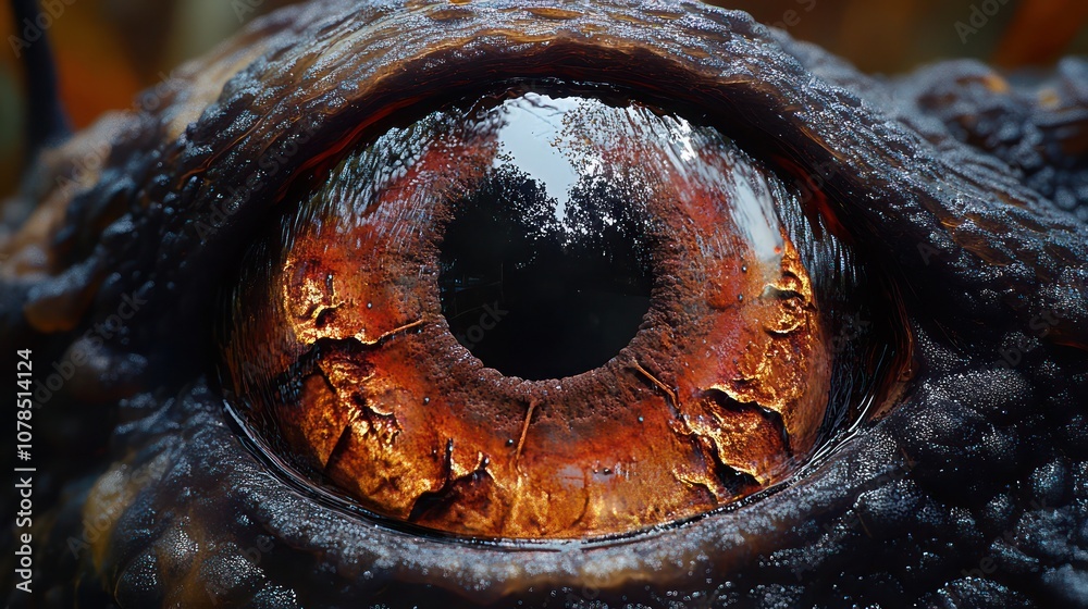 A close-up of a large, reptilian eye with a dark, deep pupil and a fiery orange iris. A close-up of a large, reptilian eye with a dark, deep pupil and a fiery orange iris.