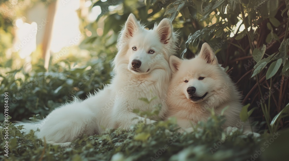A cute white mixed-breed puppy and a fluffy Samoyed dog resting together, surrounded by greenery A cute white mixed-breed puppy and a fluffy Samoyed dog resting together, surrounded by greenery